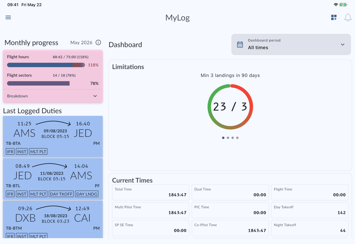 MyLog pilot logbook dashboard with flight statistics on iPad
