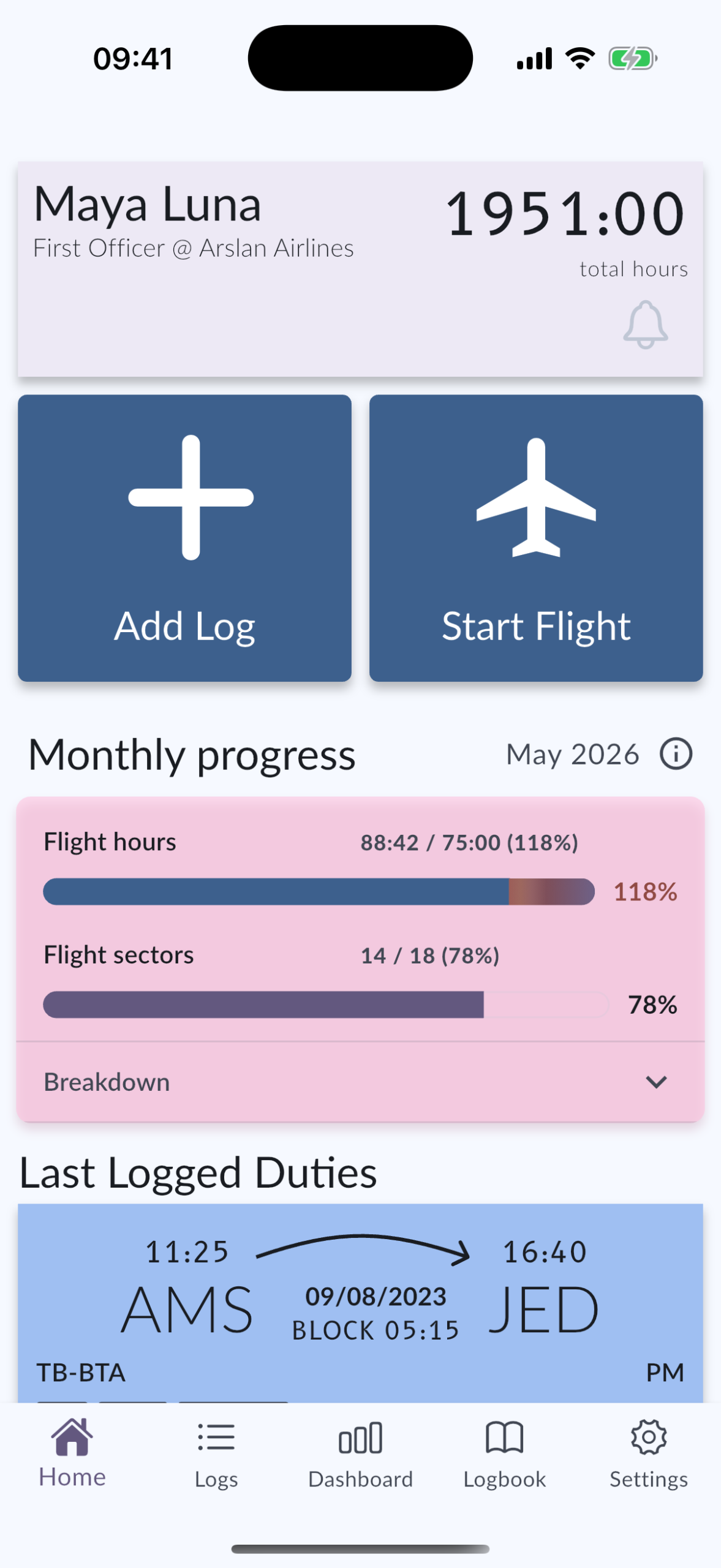 MyLog digital pilot logbook home screen on iPhone with total hours and recent flights