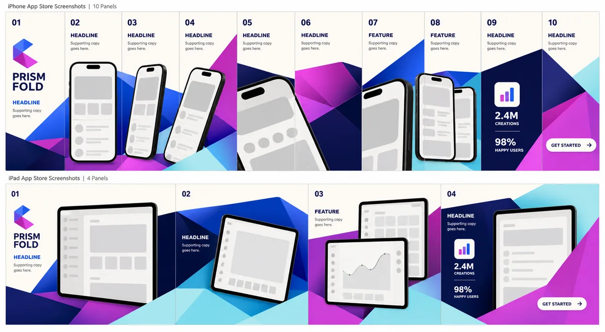 Prism Fold App Store screenshot template by StoreStage, shown across iPhone and iPad