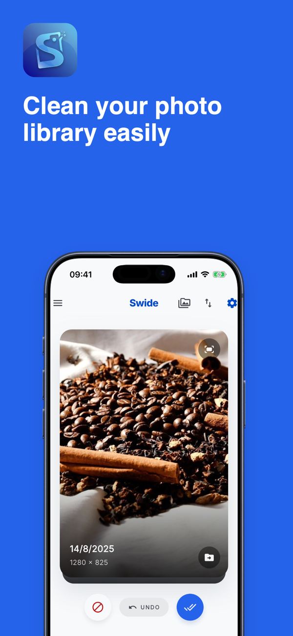 Swide iPhone app showing a photo to review: clean your photo library easily