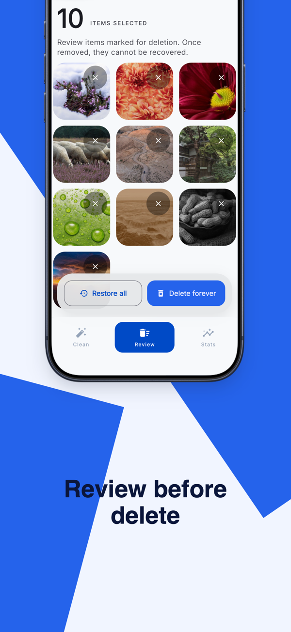 Swide review queue: check selected photos, then restore them or delete forever